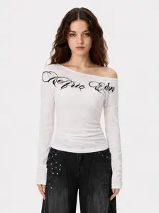 Aelfric Eden Off-The-Shoulder Rhinestone Script Long Sleeve Tee  Slim Fitted Silhouette Asymmetric Off-Shoulder Neckline Rhinestone Gothic Script Print High-Stretch Knit Fabric Y2K Edgy Streetwear Women Top