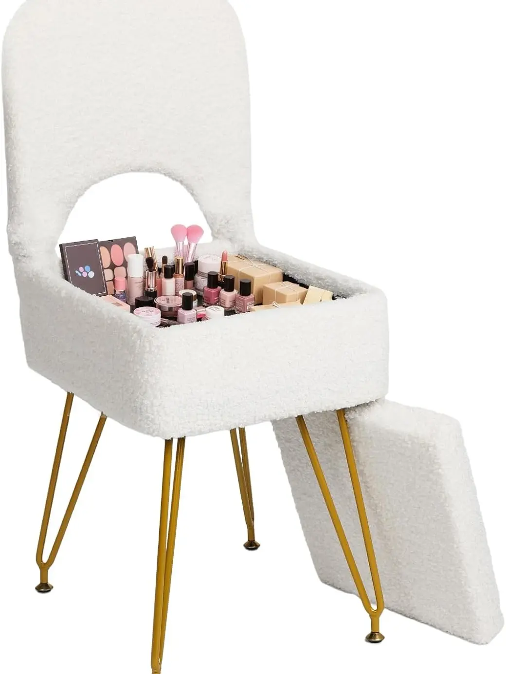 White Faux Fur Vanity Chair with Storage Space, 4 Metal Legs with Anti-Slip Feet, Soft Ottoman - Foldable Backrest Ottoman for Bedroom, Dressing Room