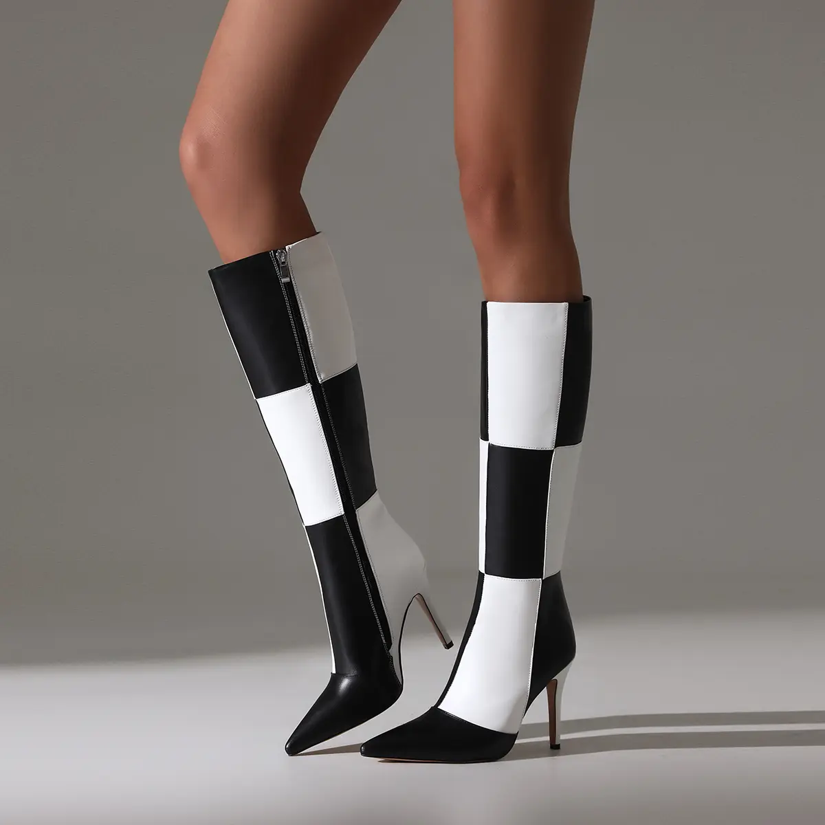 FEINLINA Women's Monochrome Checkered Over-The-Knee Boots with Stiletto Heel & Side Zipper boots for women