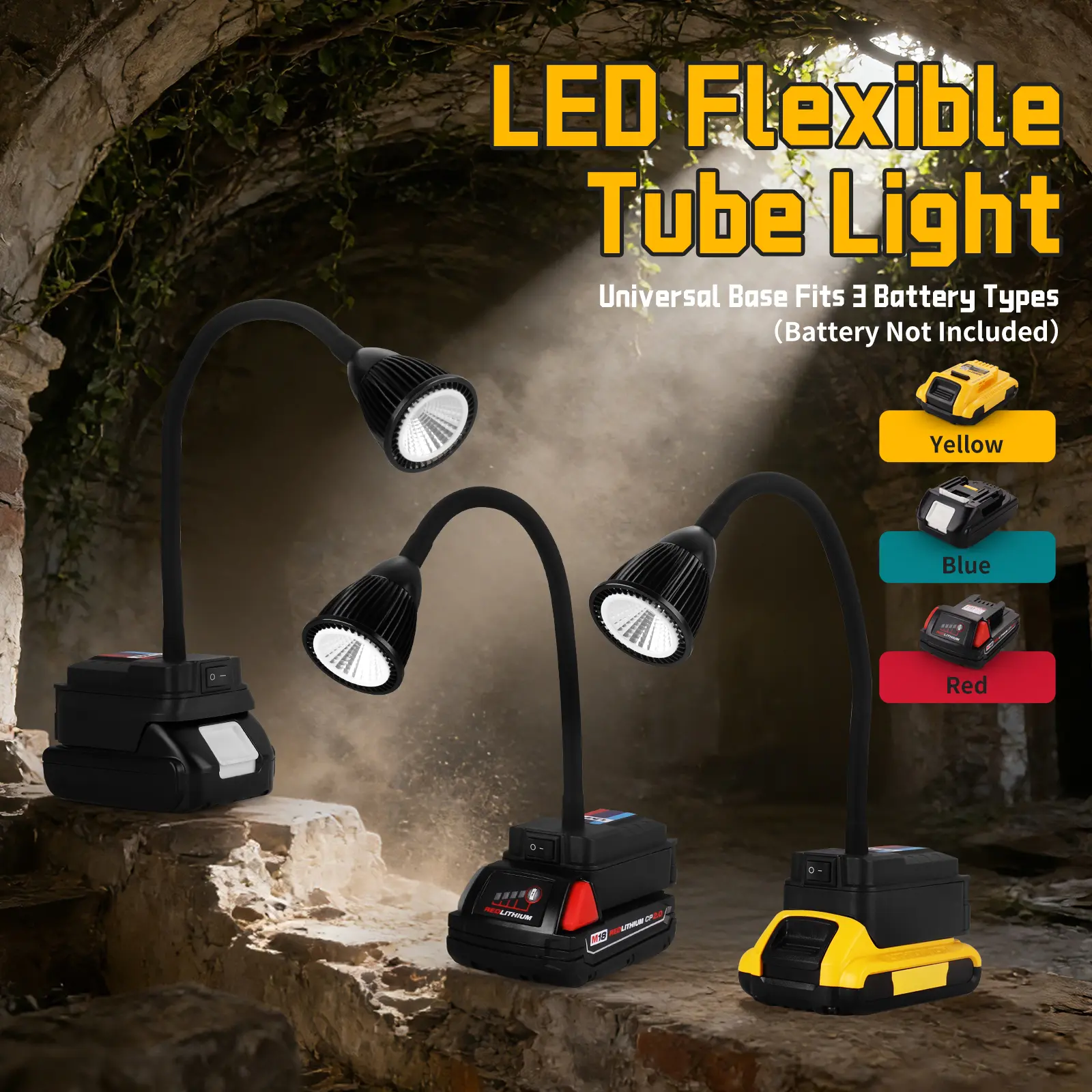 Flexible LED Work Light, Bendable Gooseneck Flashlight Lamp Compatible with Yellow Blue Red Power Tool Batteries, Battery Not Included, Portable Magnetic Cordless Job Site Lighting for Workshop Garage Repair