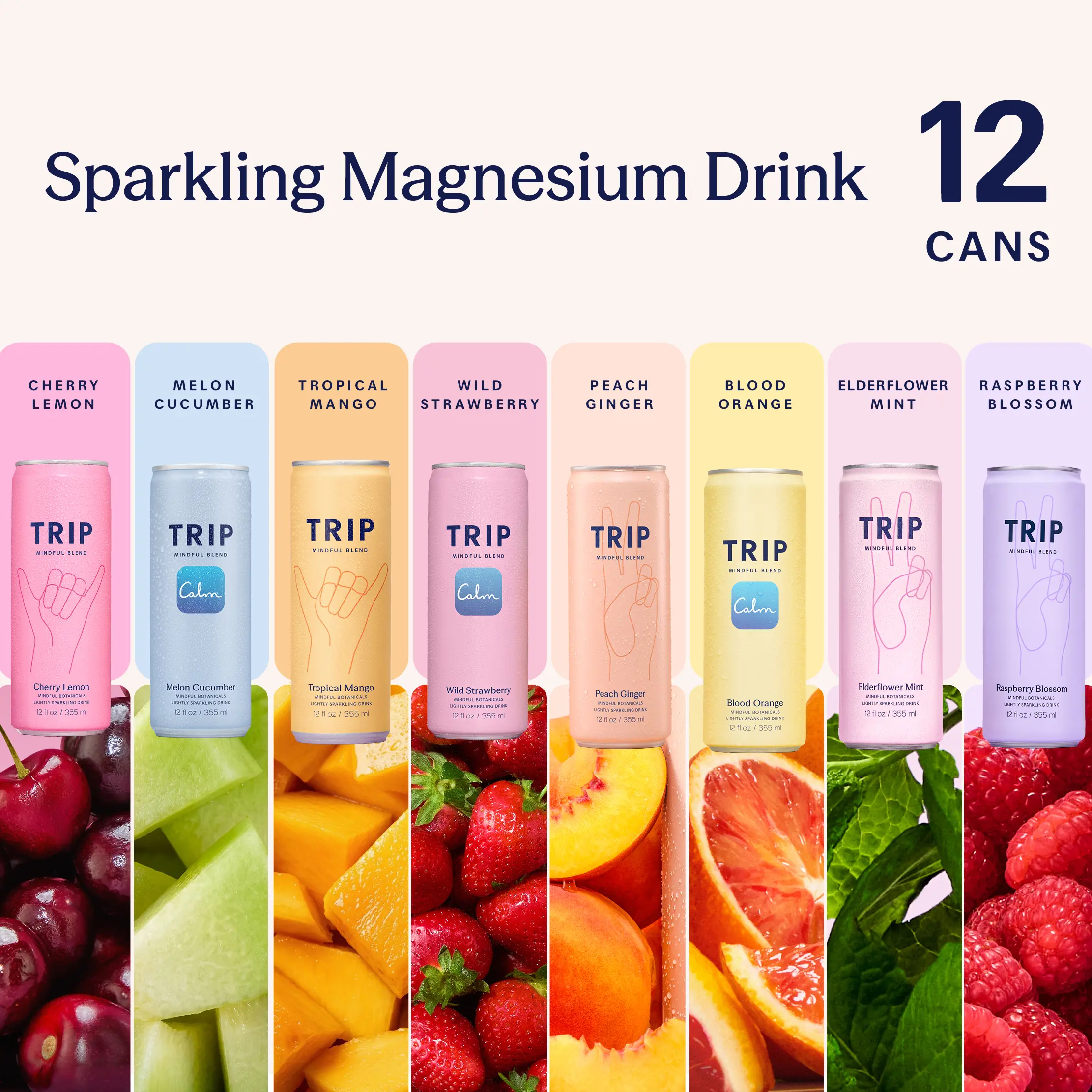 TRIP Sparkling Magnesium Drink — 120mg Magnesium, Ashwagandha, Lion's Mane & L-Theanine, Non-Alcoholic, No Added Sugar, Vegan (12-Pack, 12oz)