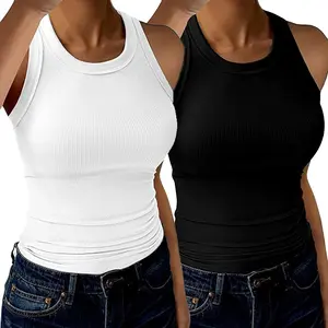 2Pack Womens Tank Tops Crew Neck Sleeveless Ribbed Tank Casual Basic Thick Strap Slim Fitted Racerback Shirts