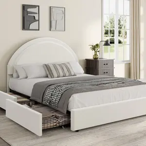 Full Size Bed Frame with Storage Drawers,Upholstered Boucle Platform Bed with Round Headboard,Heavy Duty & Noise Free,No Box Spring Needed,White