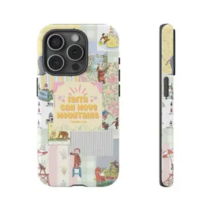Inspirational Bible Verse Smartphone Case - Faith Can Move Mountains Design, Collage Handheld Casing, Curious George Shell, Phone Accessories Suitable for iPhone 11/12/13/14/15/16/17 Pro, Pro Max, Plus, Air