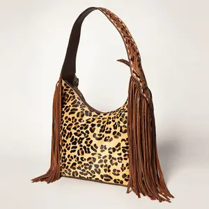 Women Western Hobo Bag - Genuine Leather with Tan Hair-On Hide & Tooled Strap