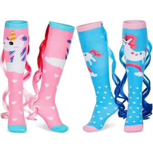 X-SOK34 2 Pairs Fun Silly Wacky Socks Compression Unicorn Mermaid Socks with Wigs Novelty Crazy Funny Gift for Kids Woman Smooth Womenswear