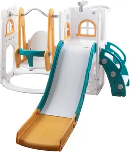 6 in 1 Toddler Slide & Swing Set, Kids Slide and Swing Combo with Basketball Hoop and Telescope, Toddler Playset with Storage Space and Non-Slip Steps, Indoor Outdoor Playground for Toddlers