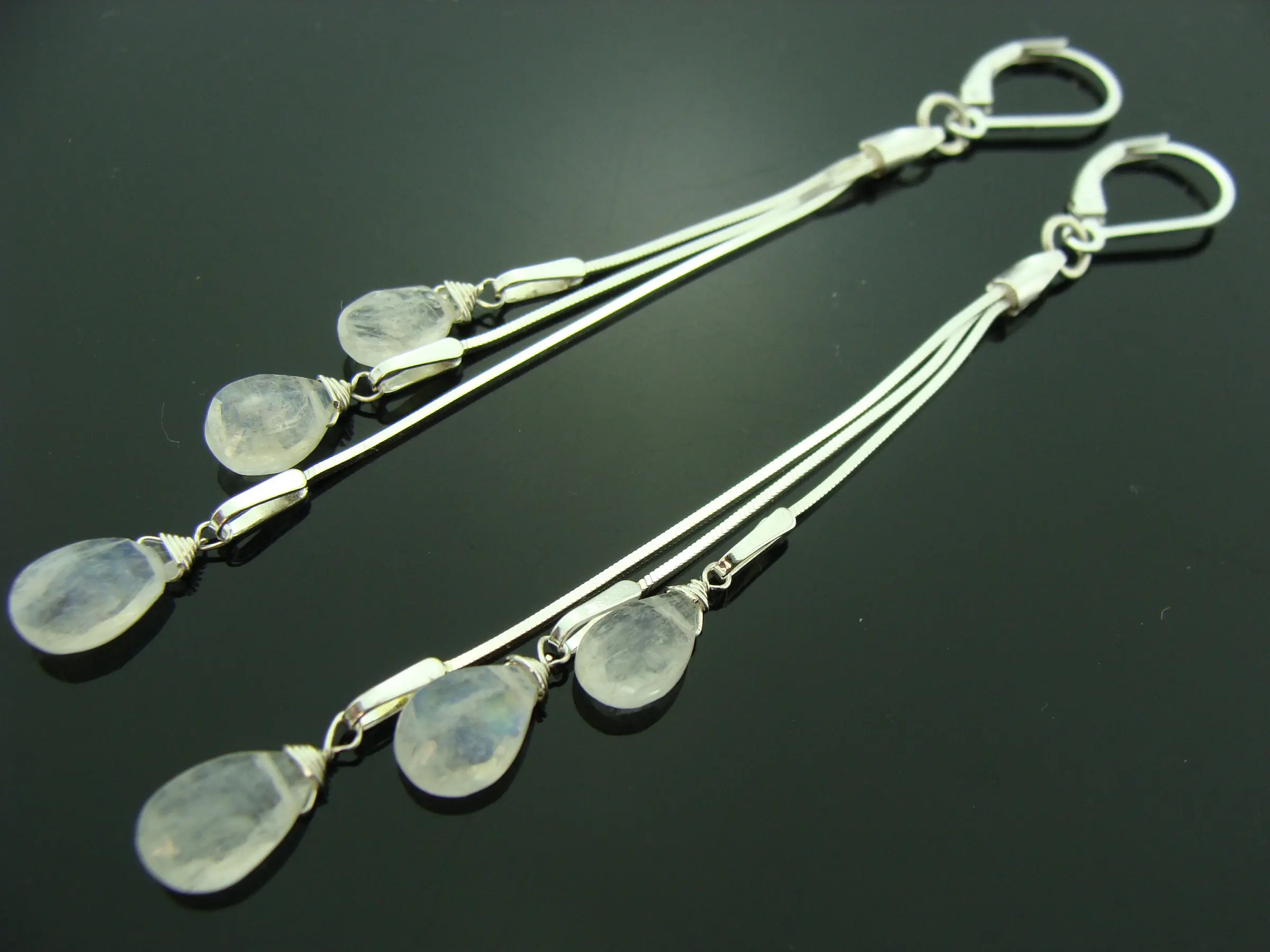 Rainbow Moonstone Drop Earrings · Long 925 Sterling Silver Leverbacks · Dangle Gemstone Jewelry · Gift for Her