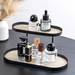1 simple wrought iron double-layer oval storage box, with imitation leather pad, cosmetic jewelry key rack, living room desktop organizer, bedroom bathroom entrance perfume lipstick tray, Beauty Organizer, Cosmetic Makeup Organizer