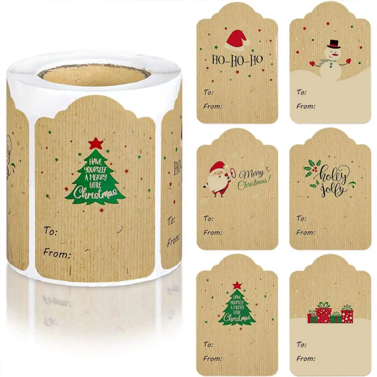 300 Pieces Personalized Kraft Paper Christmas Gift Tags - Handwritten Name, DIY Label Stickers, Personalized Labels, Decorative Labels with Tree & Elk Designs - Perfect for Navidad Decorations, Party Favors, Hanging Decor, and Gift Ideas