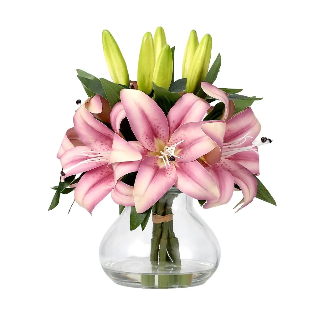 Garvee Artificial Tiger Lily Flowers with 6 Realistic Silk Stems and Glass Vase, 13 Inch Height, Perfect for Home Décor, Weddings, and Table Centerpieces, Available in Cream and Orange Colors, Vibrant and Lifelike
