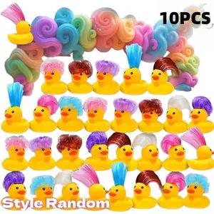 10 Piece Colorful Rubber Duck Toys with Wigs, Summer Beach Pool Bath Floats, Random Styles and Colors, Halloween Christmas Gifts, Party Favors