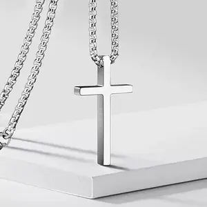 Cross Necklace for Men Teen Boys Silver Black Stainless Steel Plain Cross Pendant Boys Gifts
