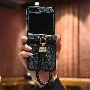 Luxury Flowery Embossed Flowers Print Faux Leather with an Artificial Diamond-Plated Fashion Lanyard Luxury Phone Cover for Samsung for Galaxy Z Flip 7, Flip 7FE, Flip 6, Flip 5, Flip 4, Flip 3 5G Folding Mobile Phone Protective Case