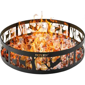 AUGESTER 36 inch Metal Fire Pit Ring with Deer Pattern Design, Heavy Duty Campfire Ring with Extra Poker for Outdoor Campfire Wood Burning and Beach Bonfire, Park Patio Backyard Activities, Black