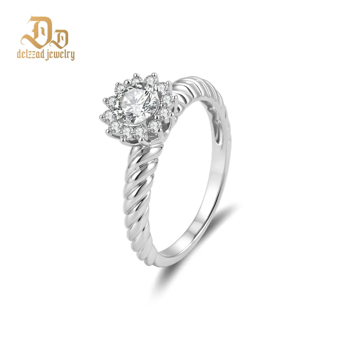Delzzad 0.6ct Eternal Sunburst Ring Flower Halo Engagement Ring Twisted Band Classic Rope Halo Ring VVS Synthetic Moissanite Ring Jewelry Copper Band Perfect Birthday Engagement Wedding Anniversary Christmas Valentine's Day Mother's Day Gift