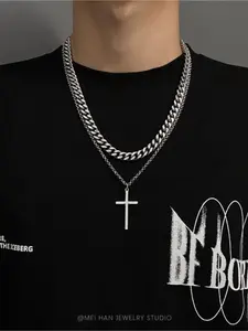 Original minimalist double-layer titanium steel cross pendant necklace; hip-hop layered multiple chains; Cross Charm Necklace