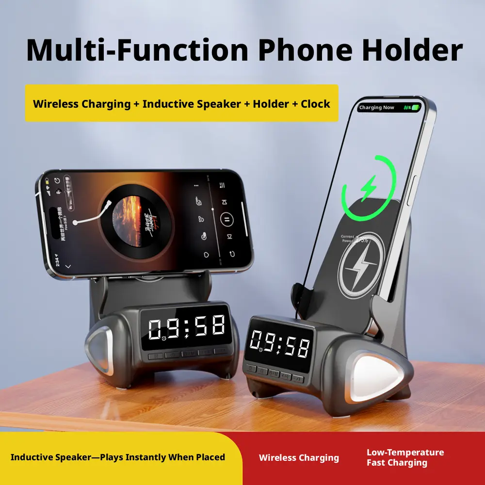 4-in-1 Adjustable Desktop Dock - Wireless Charger, Bluetooth Speaker, Digital Alarm Clock for Smartphone, Cellphone, Mobile, Pad