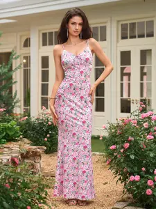 Backless Lace Splicing Tie Front Floral Print Bodycon Maxi Cami Dress, Romantic Date Elegant Fashion Party Dress