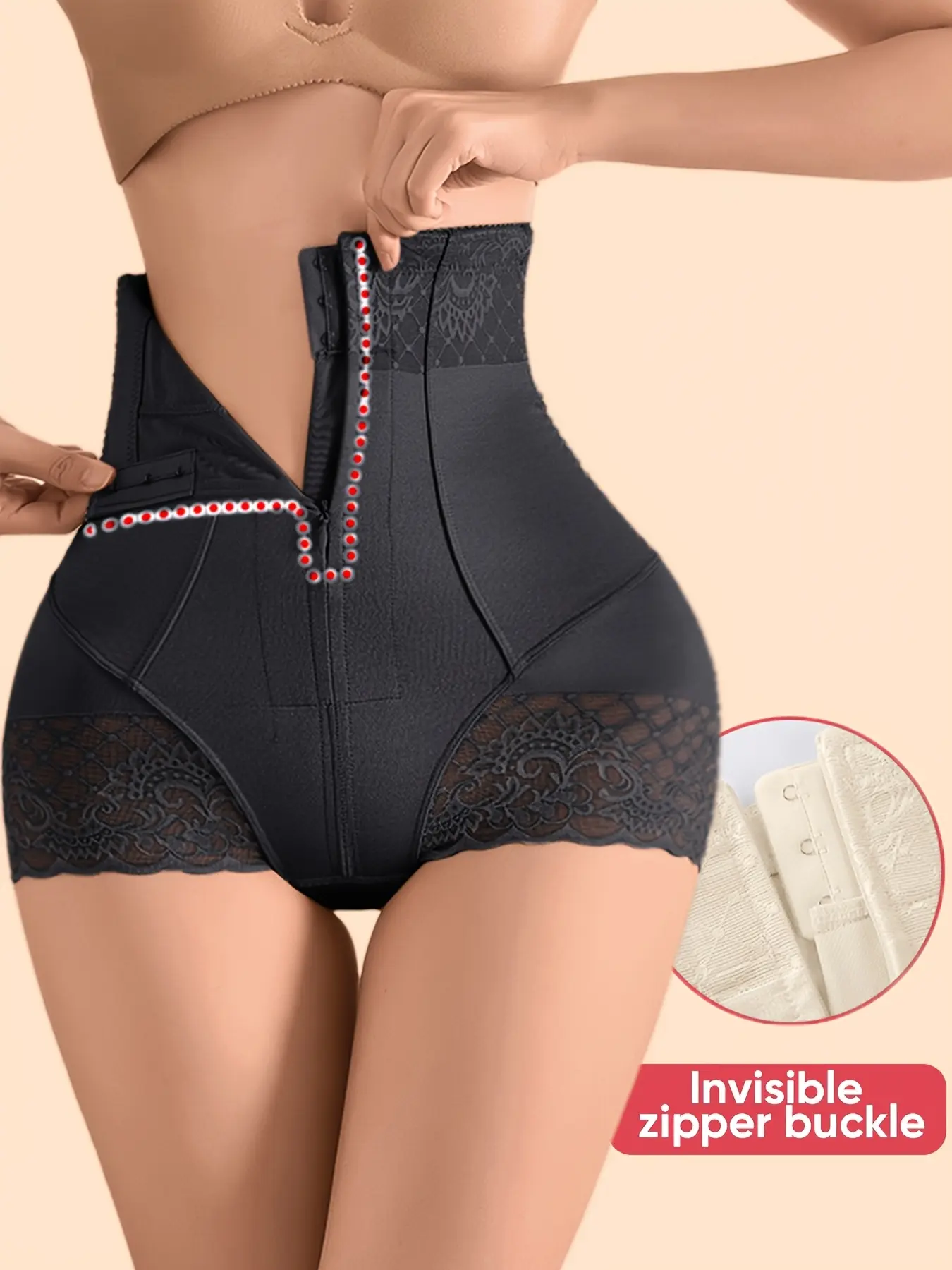 JUQDNX Basic High-Waist Contrast Lace Tummy Control Compression Shaping Panties with Invisible Zipper - Postpartum Recovery Sweat Waist Trainer Women's Underwear & Shapewear, Black, Cute, Wedding