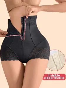 JUQDNX Contrast Lace High-Waist Tummy Control Compression Shaping Panties with Invisible Zipper Postpartum Recovery Sweat Waist Trainer Women's Underwear & Shapewear - Black