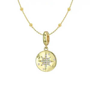 "HOPE" 14K Yellow Gold Plated 925 Sterling Silver North Star Medallion Necklace CZ Round Disc Charm Pendant Necklace Jewelry Gift