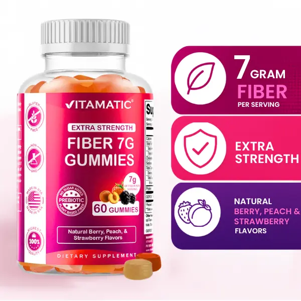 Vitamatic Prebiotic Fiber Dietary Gummies - 7g Each, 60 Count, Berry Flavored Supplement (Natural Berry, Peach, Strawberry), 0 Sugar, GMO-Free, Daily Gut Balance Booster