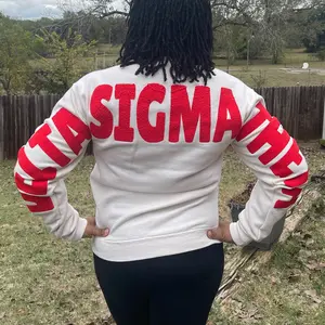 Delta Sigma Theta Puff Crewneck Sweatshirt - Cream with Red Letters, Versatile for Casual Wear & Layering, Comfortable for All-Day Use