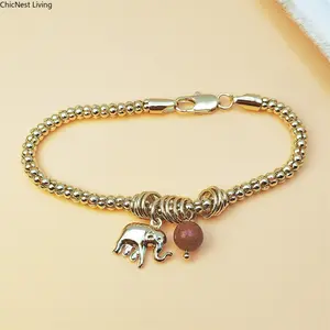 European and American Style 18K Gold Plated Brass Elephant Beaded Bracelet, Wavy Bead Design, Cute Dainty Fashion Jewelry for Women, Perfect Birthday Gift for Friends, Daily Wear & Party Accessory chunky unisex men luck friendship day