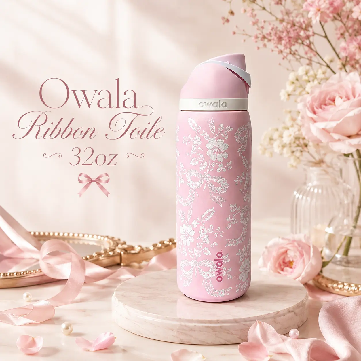 Owala FreeSip Ribbon Toile 32oz Water Bottle – UO Exclusive Pink Floral Insulated Stainless Steel Gift for Women