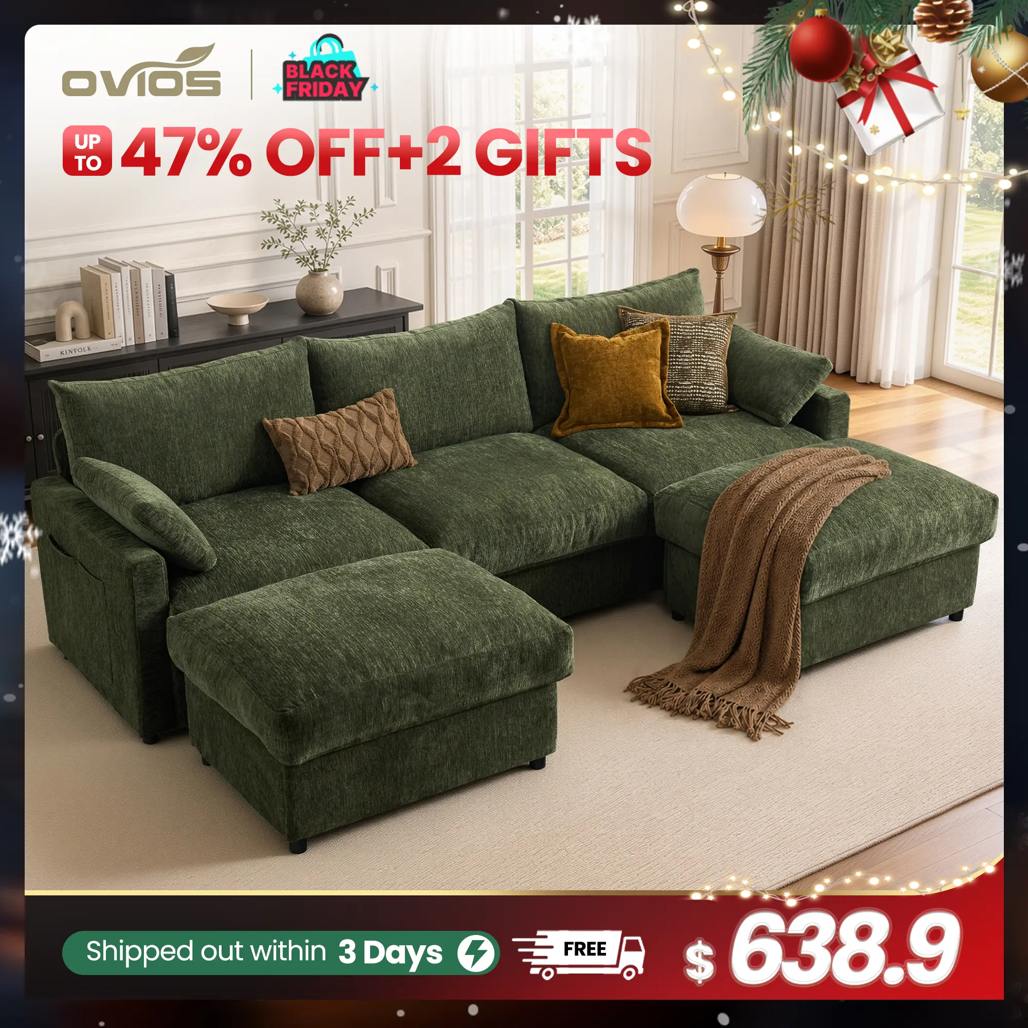 【2/3 Packages Shipping】OVIOS 110" U-Shaped Modular Cloud Couch, Oversized 3-Seater Sectional Sofa with 2 Movable Ottomans, Deep Seat Chenille Upholstered Couch for Living Room, Bedroom & Apartment