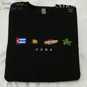 Cuba Embroidered Hoodie Sweatshirt, Classic Car Cafecito Almendron, Cuban Flag, Sea Turtle, Perla del Caribe Design, Orgullo Latin Pride, Comfortable Cotton Crewneck, Gift Idea, Vintage Cuban Apparel