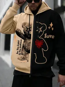 Trendy Unisex Patchwork Hoodie, Block, Cartoon Bear Design, Inspirational Slogan, Casual Fashion Top