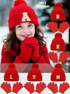 3-Piece Kids Knitted Hat & Glove Set with A-Z Letters, Baby Girls Woolen Cap, Warm Winter Hat for 3-8 Years Old, Daily Wear, Warm Beanie Hat