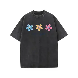 Women's Plus Size Acid Washed Cotton T-Shirt - Colorful Daisy Graphic, Oversized Drop Shoulder, Baggy Vintage Green, Short Sleeve Round Neck Clothes, Casual Streetwear Unisex Tops