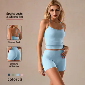 NcmRyu Women's Strappy Back Sports Vest & Shorts Set - Lightweight Compression Activewear for Yoga Gym Workouts & Casual Runs - Slimming Fabric 4-Way Stretch Sweat-Proof 5 Color Options - Fitness Suit