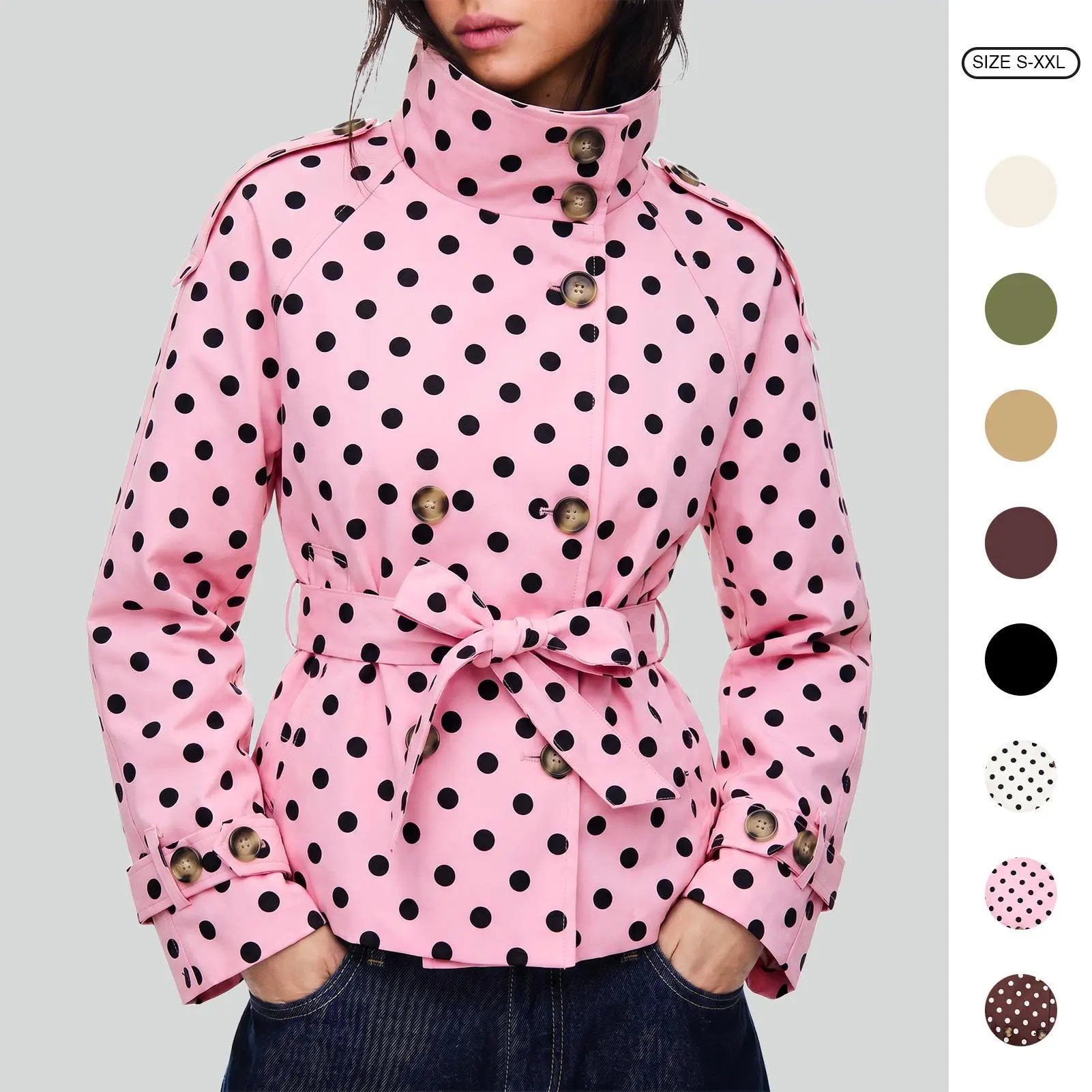 Imily Bela Women’s Polka Dot Short Trench Coat Stand Collar Double Breasted Belted Cropped Windbreaker Jacket with Epaulets Spring Fall Outerwear