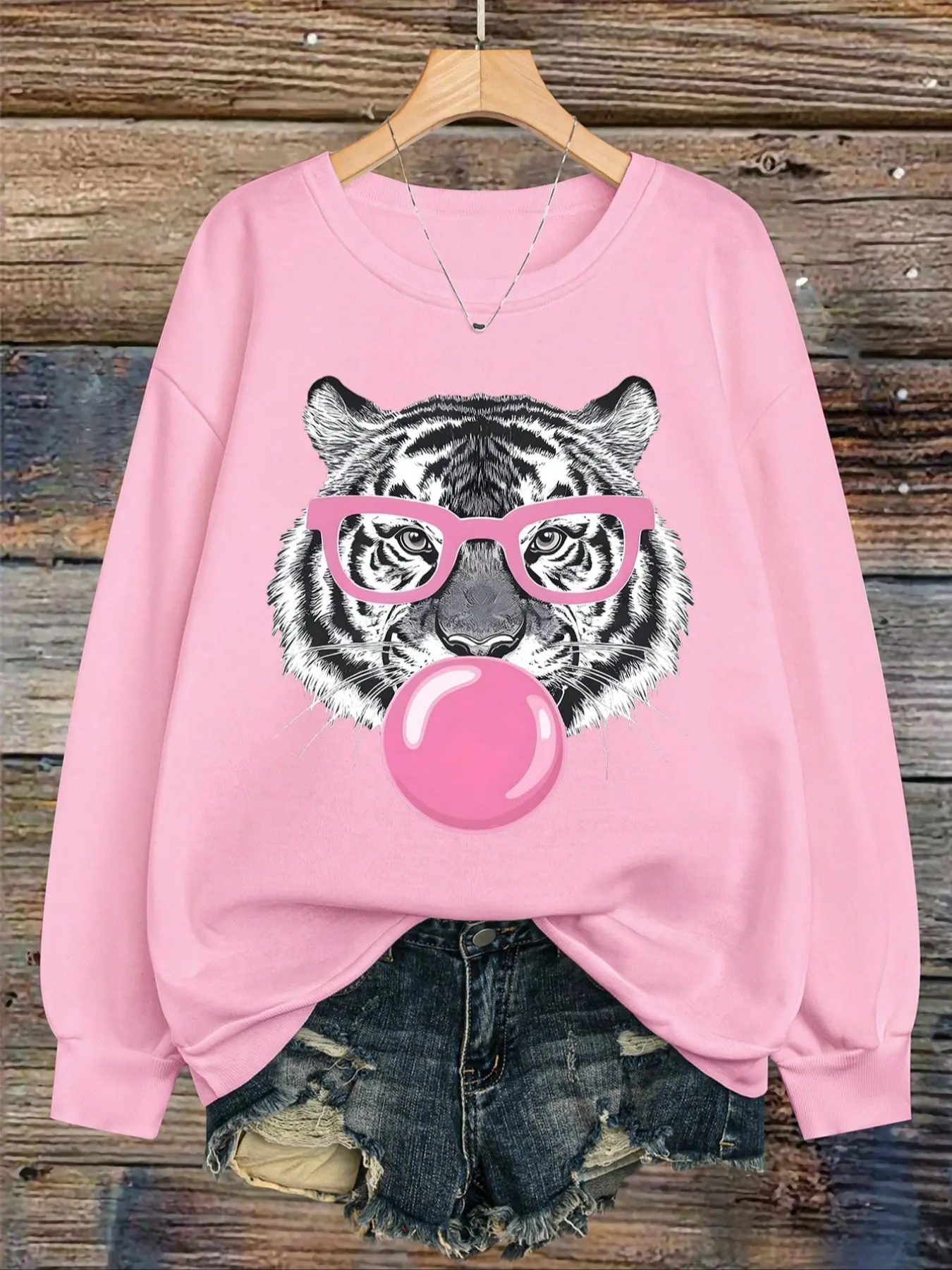 Bubblegum Glasses Tiger Graphic Letter Print Knit Fleece Long Sleeve Round Neck Pullover Sweatshirt, Women Tops Fall & Winter Animal Print Vintage Retro Casual Fashion Holiday Hoodie