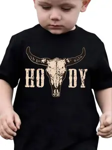 PUEMCO Boys' Vintage Western Cowboy Graphic Fashion Tee - Cotton, Regular Short Sleeves, Howdy Slogan Text, Bull Skull Print, Medium Stretch, Fitted Cut Country Style Kids' Top