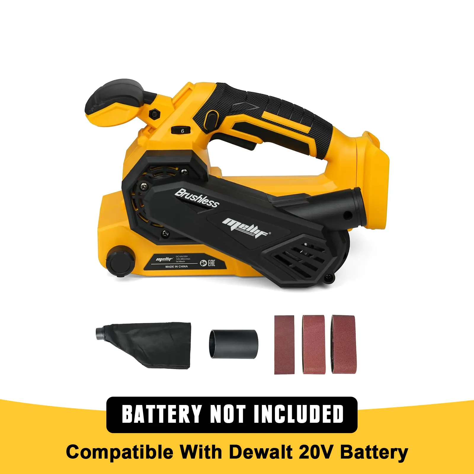 Mellif 8in Cordless Brushless Belt Sander Compatible with Dewalt 20V Battery | Tool Only, w/ 10-Pack Sanding Belts, Variable Speed, 1247 FPM, Lock-on Button, Dust Bag & Vacuum Adapter for Woodworking