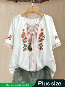 Plus Size Women's V Neck Embroidered Shirt, Stylish Design with Unique Stitching, Chic Casual Top for Every Occasion