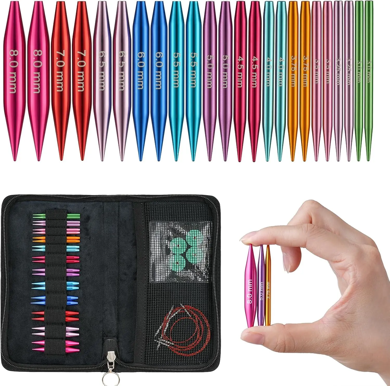 Guclud Short Interchangeable Knitting Needles Set, 2" Shorties, US 2.5-11 | Short Circular Needles / 4 Flexible Cables / Create 9" & 16" Circular Sizes / For Socks, Sleeves & Hats Gift