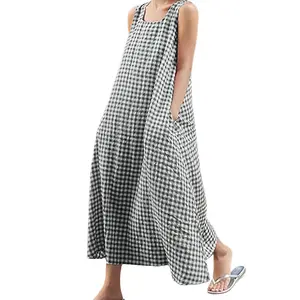 Women's Summer Sleeveless Thin Strap Plaid Cotton Long Dress, Bohemian Style, Casual Loose U-Neck Beach Dress with Pockets wrap around
