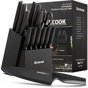 Astercook Kitchen Knife Set 14 Pieces High Carbon Stainless Steel Sharp Steak Knife Set, Chef Knife, Bread Knife, Knife Set Cutting Utensils Block