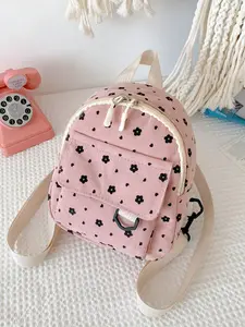 Cute and Sweet Corduroy Lightweight Large Capacity Backpack - Pink Corduroy Mini Backpack with Random Black Daisy Prints, Flap Pocket with Metal D-Ring, Dual Top Handles, Off-White Straps, Perfect for Travel, School, Outings, and Daily Use by Teen Girls