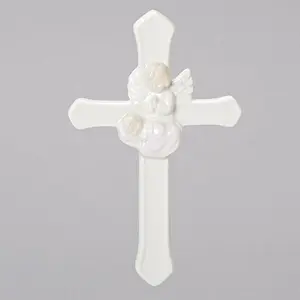 7.25" Valencia Girl Guardian Angel White Cross made of Porcelain for Baptism and New Born
