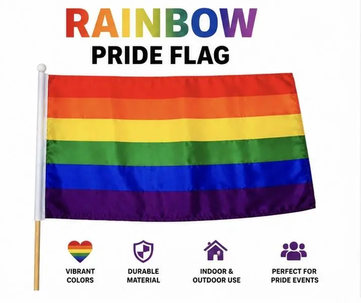 Rainbow Pride Flag with pole | LGBTQ+ Handheld flag for Parades, Festivals, Events & Decorations