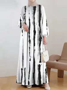 Women's Conservative Tie-Dye Long Dress, Modest Style Dress, Long Bubble Sleeves, Round Neck, Loose Fit, Ramadan Casual Islamic Clothing, No Headscarf Included