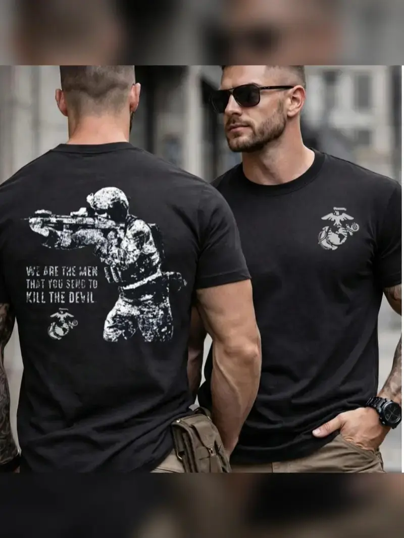Men's U.S. Marine Corps Sniper Graphic Tee & Hoodie, Relaxed Fit Streetwear in Soft Cotton Fabric with 2-Sided Military Print, Men's Graphic Tees, Black