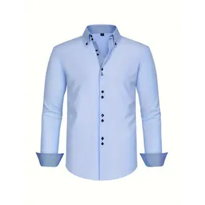 Elegant Men's Dress Shirt - Light Blue Double-Breasted Shirt, Comfortable Breathable Polyester Blend, Classic Contrast Cuff Design Sleeve Tops Menswear Stretch